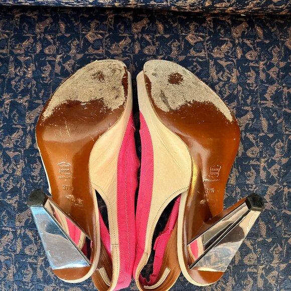 LANVIN Eté 2009 Beige and Pink Canvas Slingback Peep Toe Sandals Size 37.5 - Picture 7 of 15